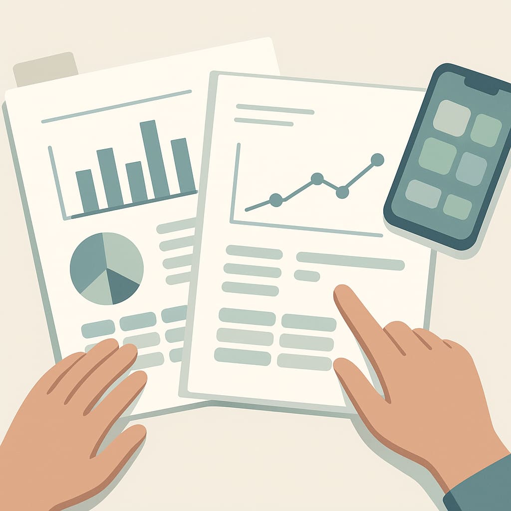 Manos revisando notas y datos de tarifas móviles sobre una mesa